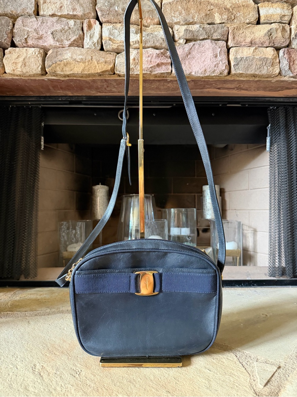 Salvatore Ferragamo Navy Leather Crossbody Bag with Gold Hardware
